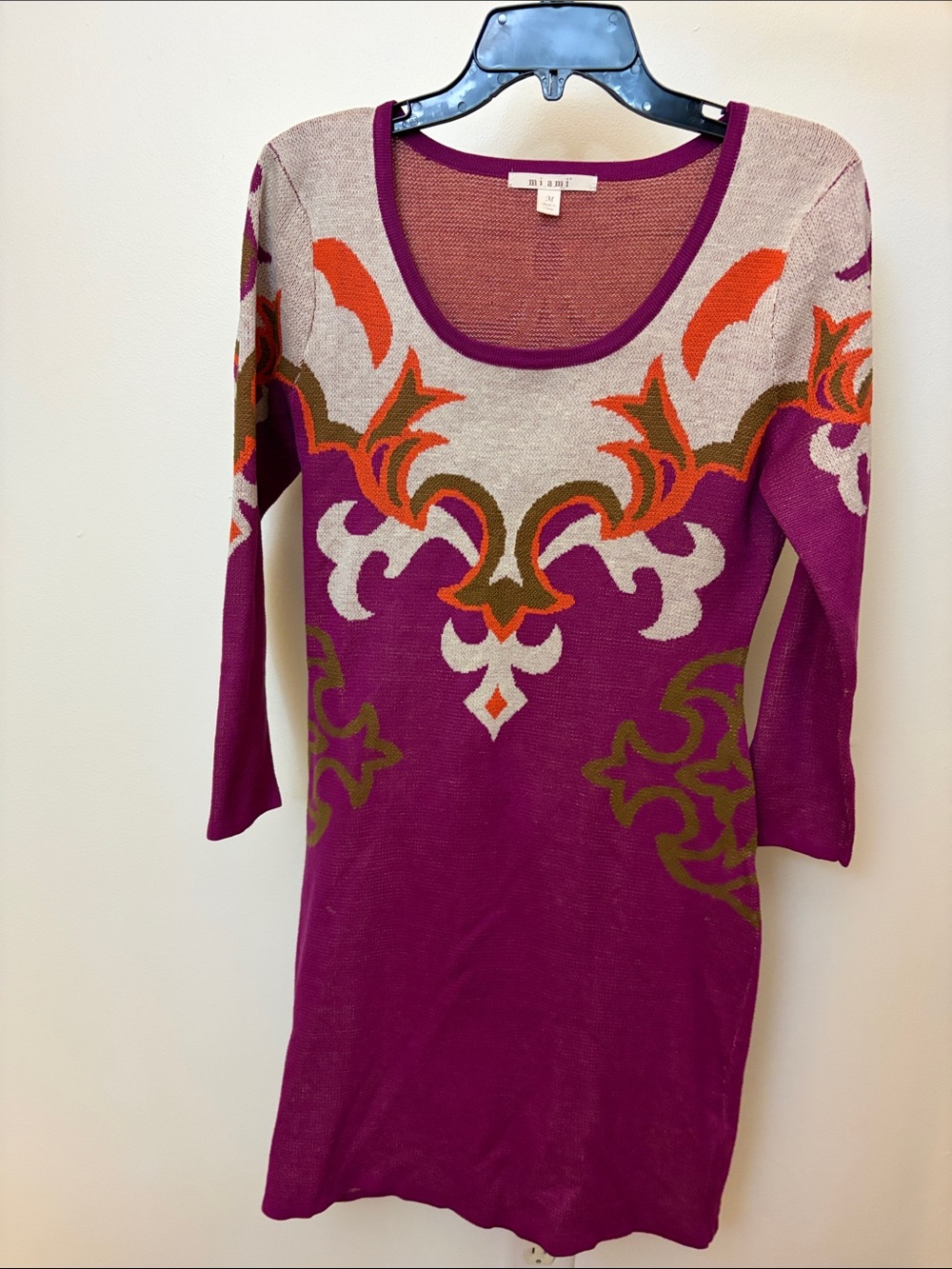 miami Purple Scoop-Neck Knit Sweater with Orange & Olive Motif